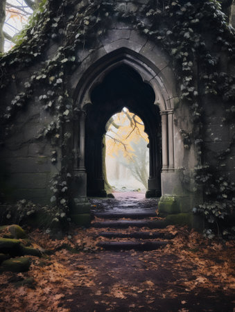 Old stone archway in the autumn forest at sunset. Halloween backgroundの素材