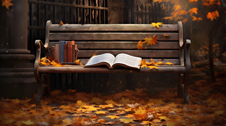 Book on a bench in the autumn park. 3d illustration.の素材