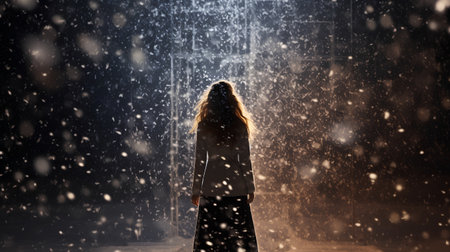 Young woman standing in the rain and looking at falling snowflakesの素材