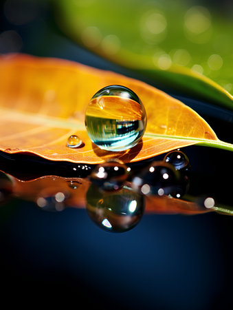 Water drop on leaf with reflection on water surface. Nature background.の素材