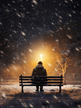 Man sitting on a bench in the park at night with falling snowの素材