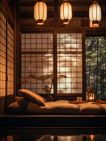3D rendering of a Japanese style bedroom interior design with a large window overlooking the forestの素材