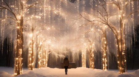 Woman walking through the winter forest with christmas lights in the backgroundの素材
