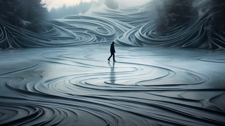 Conceptual image of a woman standing in the middle of a frozen lakeの素材
