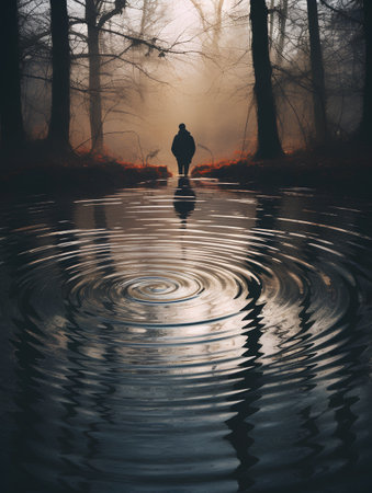 Man fishing in a pond in a misty foggy forest.の素材