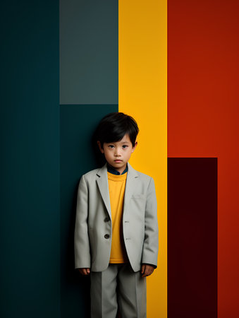 little asian boy in grey suit and yellow jacket standing on colorful backgroundの素材