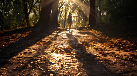 Silhouette of a woman running in the forest with sun rays.の素材