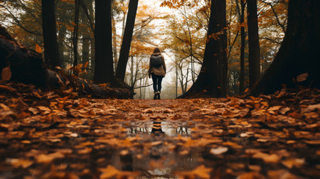 Young woman walking in autumn forest with fallen leaves. Autumn concept.の素材