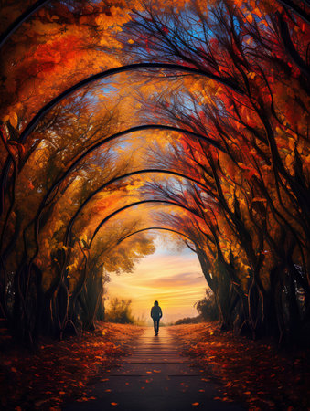 Man walking through the tunnel of autumn trees. 3D rendering.の素材