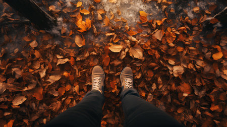 Selfie of man's legs in boots standing on autumn leaves backgroundの素材