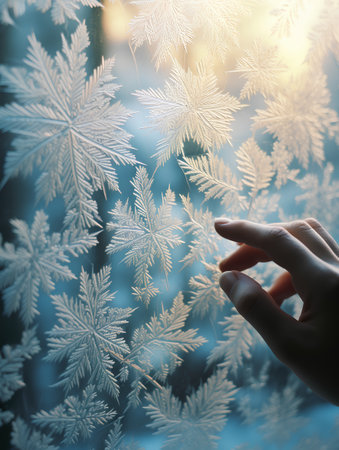 Hand touch snowflakes on frosted window background. Winter conceptの素材