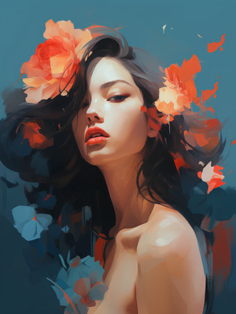 Beautiful young woman with flowers in her hair. Vector illustration.の素材