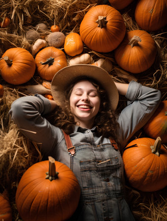 Smiling girl in hat lying on hay with pumpkins at halloweenの素材