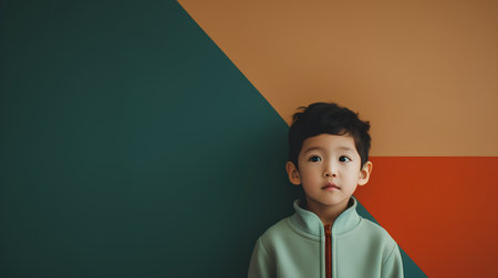 little boy looking at camera on green and orange background with copy spaceの素材