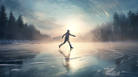 Man skating on ice of frozen lake in winter forest at sunset.の素材