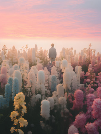 Man standing on top of the hill and looking at the sunset.の素材