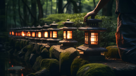 Woman's hand holding a lantern in a Japanese garden at night.の素材