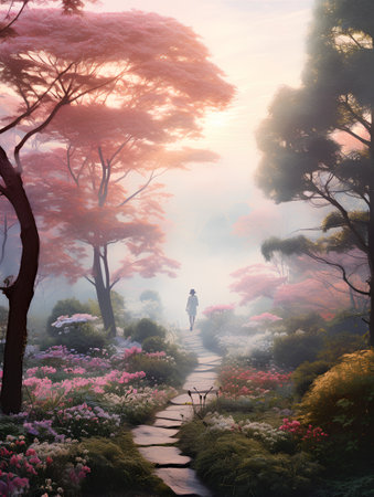 Rhododendron garden in the morning with a man walkingの素材