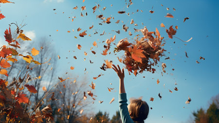 Girl throwing autumn leaves in the air. Happy child playing with autumn leaves on a sunny day.の素材