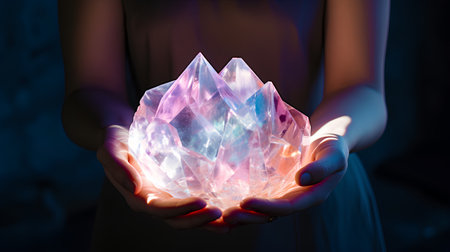 Woman holding a crystal in her hands on dark background. 3d renderingの素材
