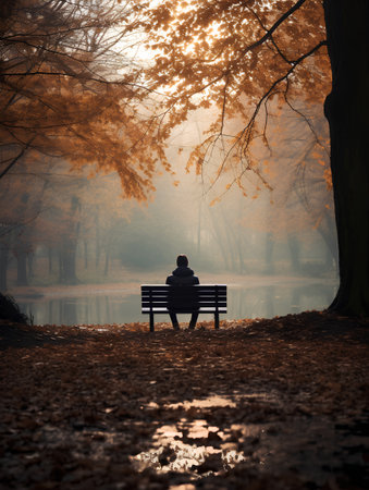Man sitting on a bench in the autumn forest. Autumn season.の素材