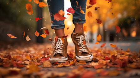 Feet of a woman in sneakers and jeans on the background of autumn leaves.の素材