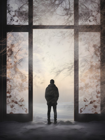 Man standing in front of the window and looking at the winter landscapeの素材