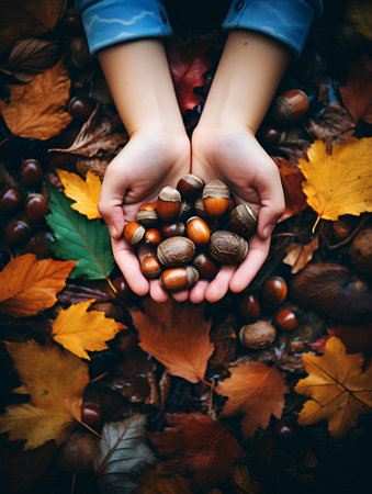 Hands of a boy and a girl holding chestnuts in autumn leavesの素材