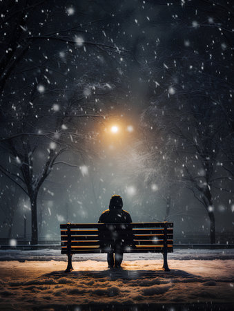 Man sitting on a bench in the park during a snowfall.の素材