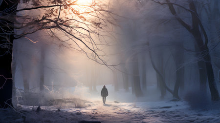 Woman walking in the winter forest at sunset. Winter landscape with fogの素材