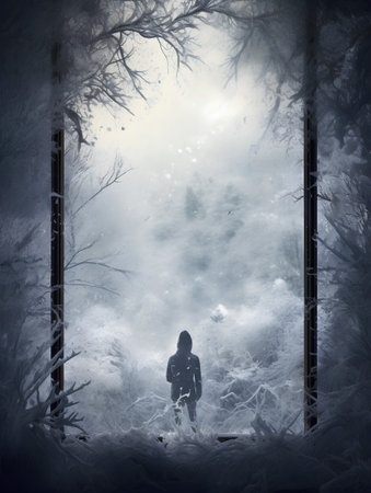 Silhouette of a girl in the winter forest. 3d renderingの素材
