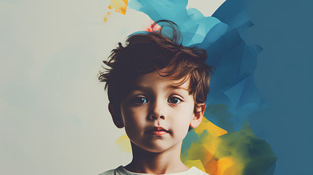 Portrait of a cute little boy with abstract colorful paint splashesの素材