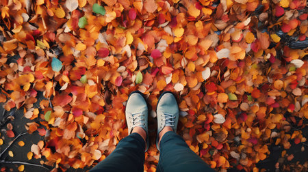 Selfie of woman's legs in sneakers on colorful autumn leaves backgroundの素材