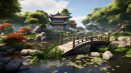 japanese garden with bridge and pond, 3d render.の素材