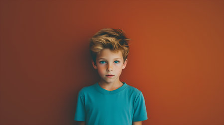 Portrait of a cute little boy in a blue t-shirt on a red backgroundの素材