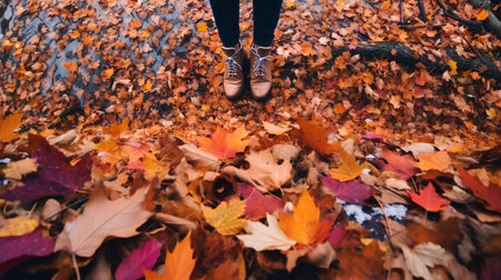 Feet of a young woman in sneakers on the background of autumn leavesの素材