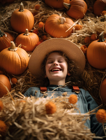 Cute little girl in straw hat lying among pumpkins on hayの素材