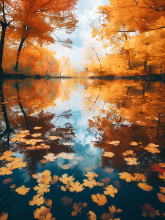Beautiful autumn landscape with reflection in the lake, forest and skyの素材