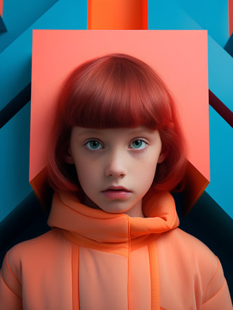 Portrait of a girl with red hair and blue eyes in an orange jacketの素材