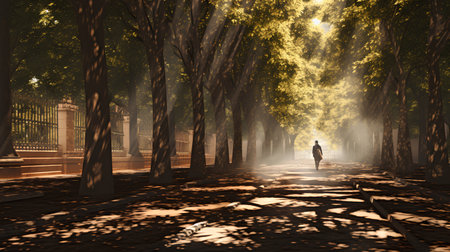 Man walking in the misty park. 3d render illustration.の素材