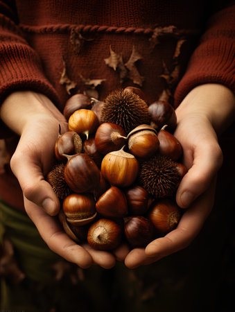 Hands of a woman holding a handful of chestnuts in autumnの素材