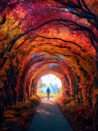 Autumn landscape with a woman walking through the tunnel of trees.の素材