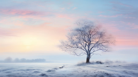 Winter landscape with a lonely tree in a foggy field at sunriseの素材