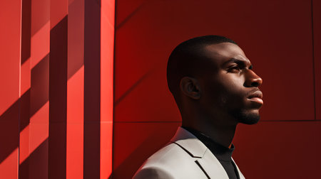 side view of african american man in suit looking away on red backgroundの素材