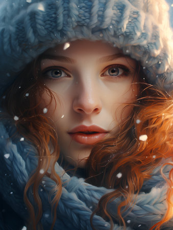 Winter portrait of beautiful young woman with red hair and blue scarf.の素材