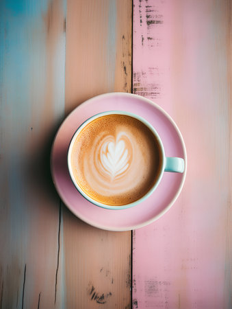 Cup of coffee with latte art on wooden background, top viewの素材