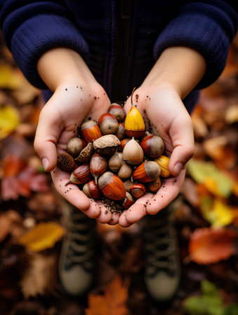 Hands of a child holding a handful of acorns in the autumn forestの素材