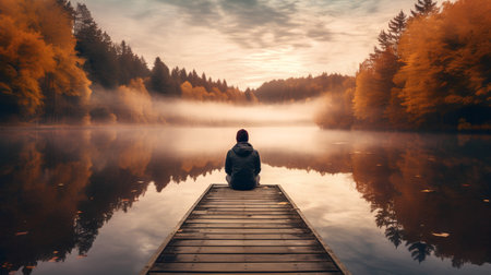 Man sitting on wooden pier and looking at misty lake in autumnの素材