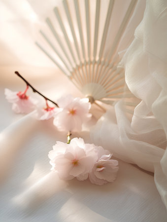 cherry blossom and japanese fan on white fabric backgroundの素材