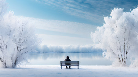 Man sitting on bench by the lake in winter. Winter landscape.の素材